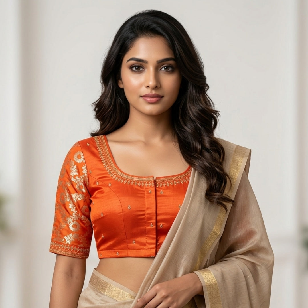 Orange Gaji Silk Brocade Sleeves Aari Work Readymade Blouse