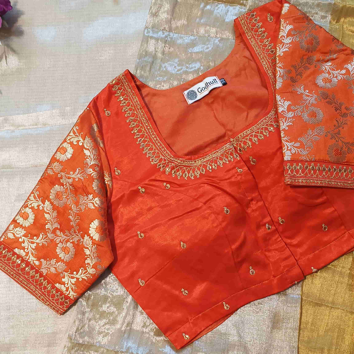 Orange Gaji Silk Brocade Sleeves Aari Work Readymade Blouse