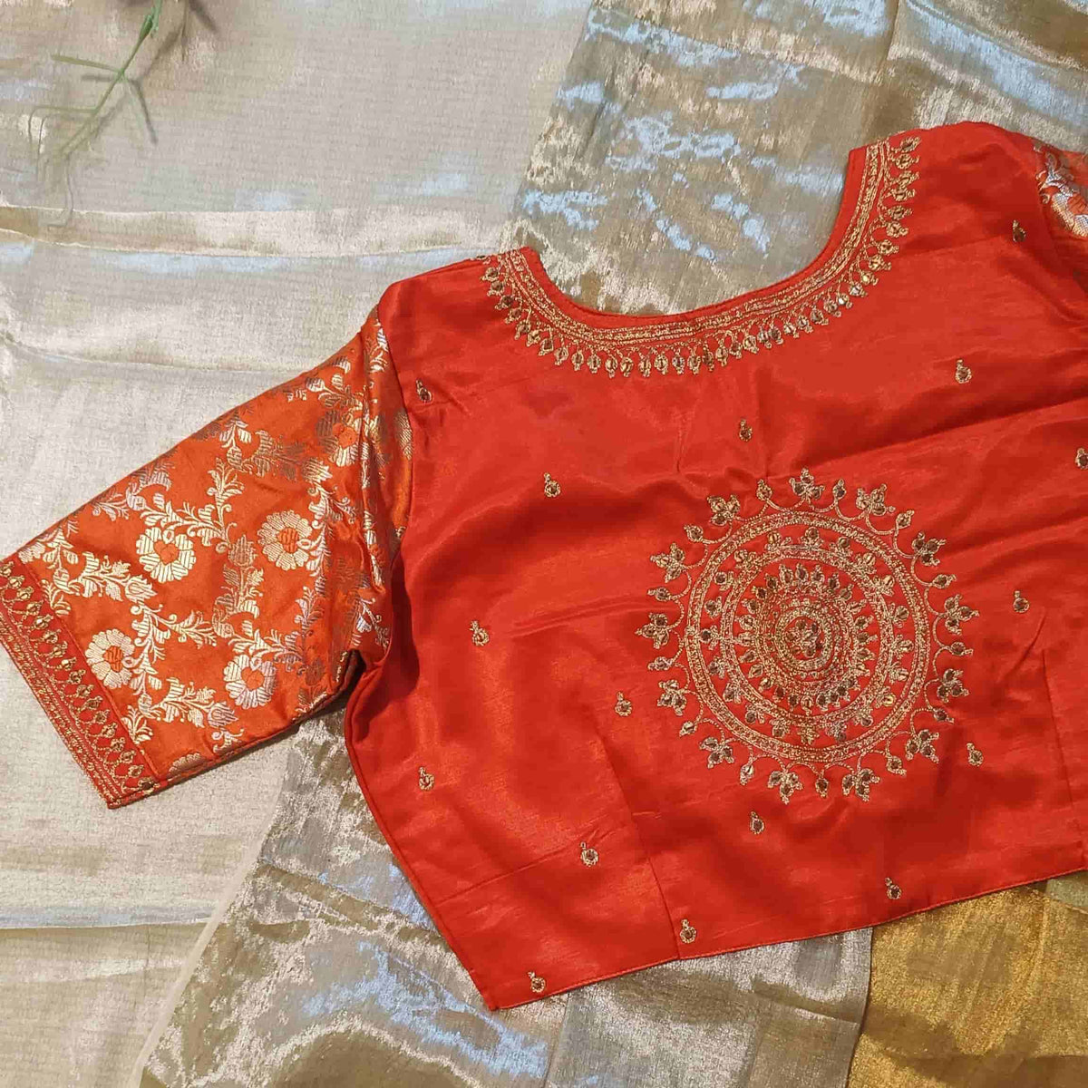 Orange Gaji Silk Brocade Sleeves Aari Work Readymade Blouse