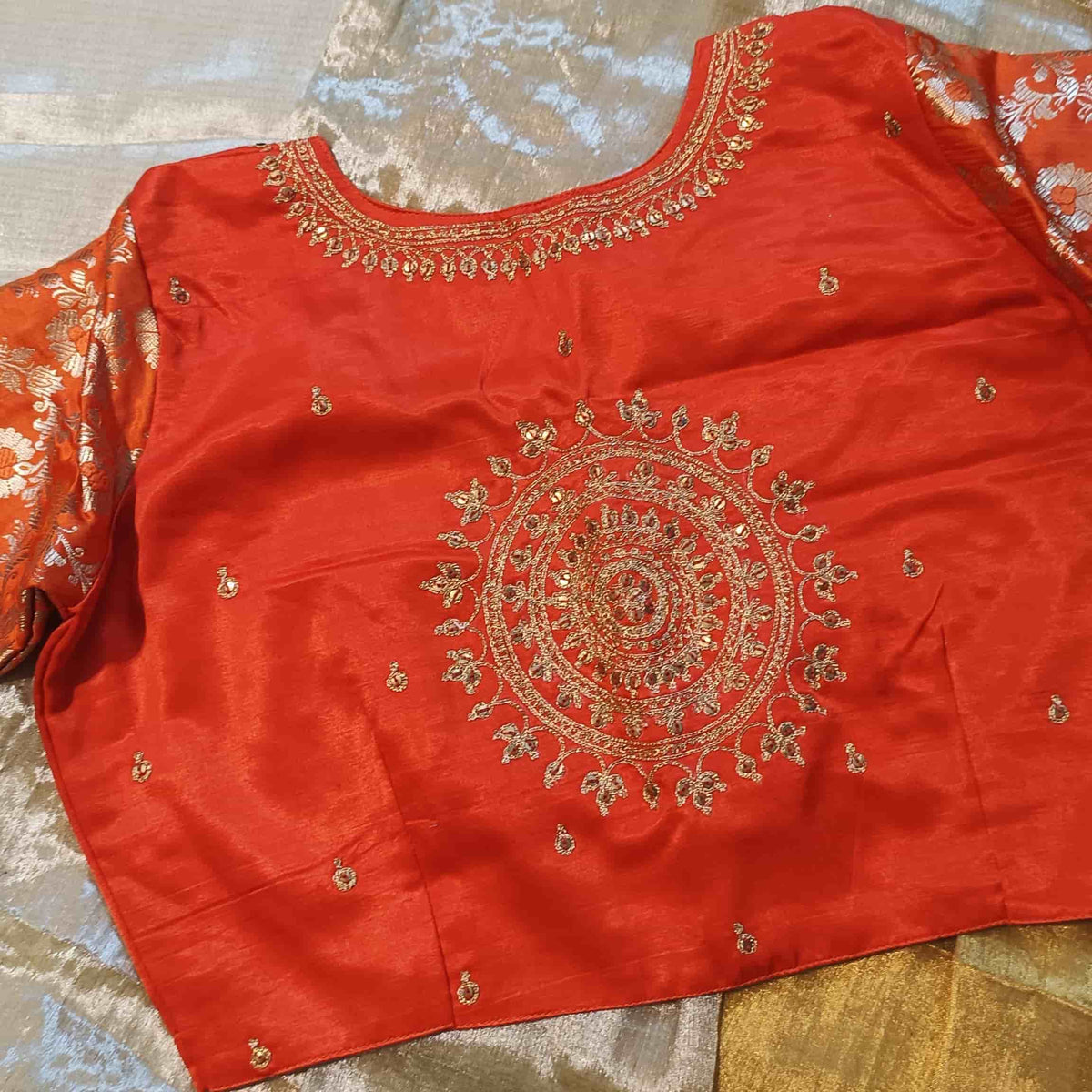Orange Gaji Silk Brocade Sleeves Aari Work Readymade Blouse