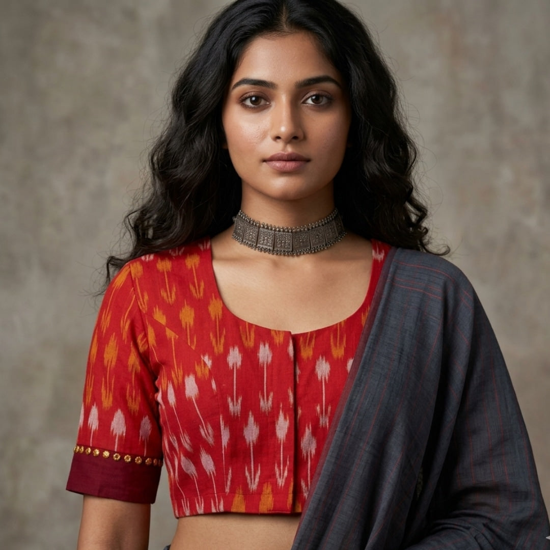 Orange Ikat Readymade Blouse with Maroon Border Sleeves