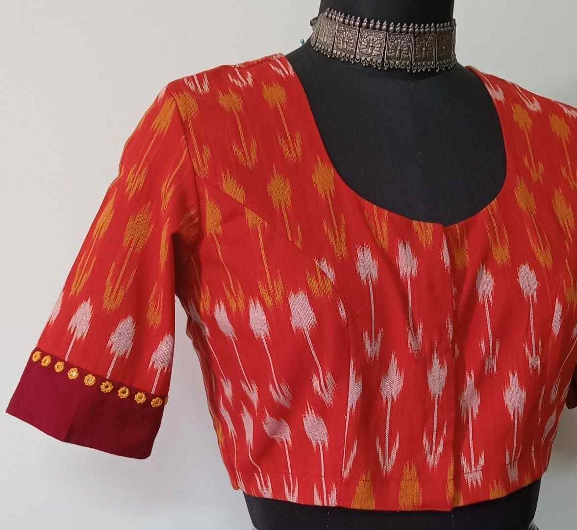 Orange Ikat Readymade Blouse with Maroon Border Sleeves