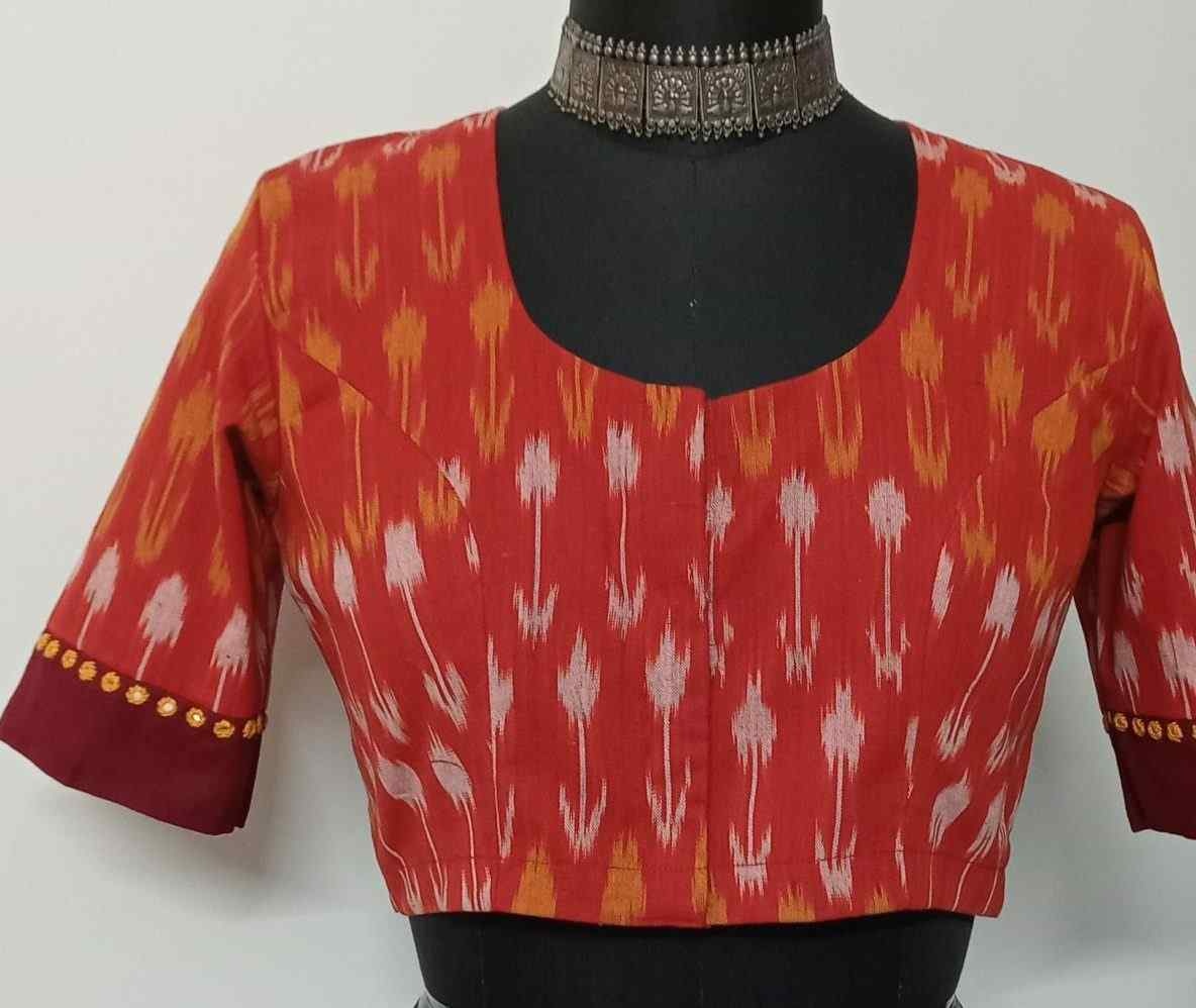 Orange Ikat Readymade Blouse with Maroon Border Sleeves