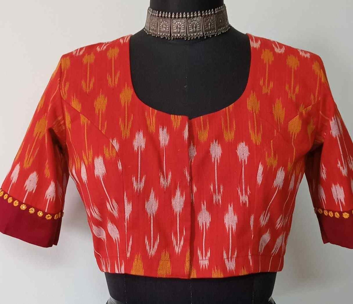 Orange Ikat Readymade Blouse with Maroon Border Sleeves