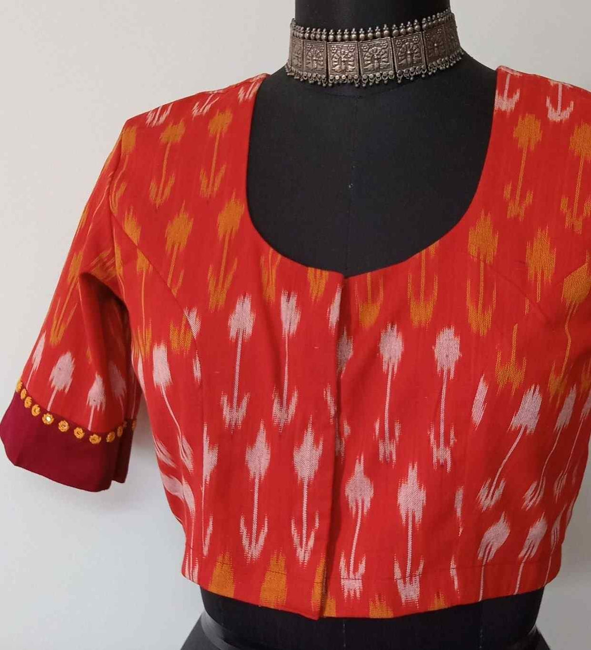 Orange Ikat Readymade Blouse with Maroon Border Sleeves