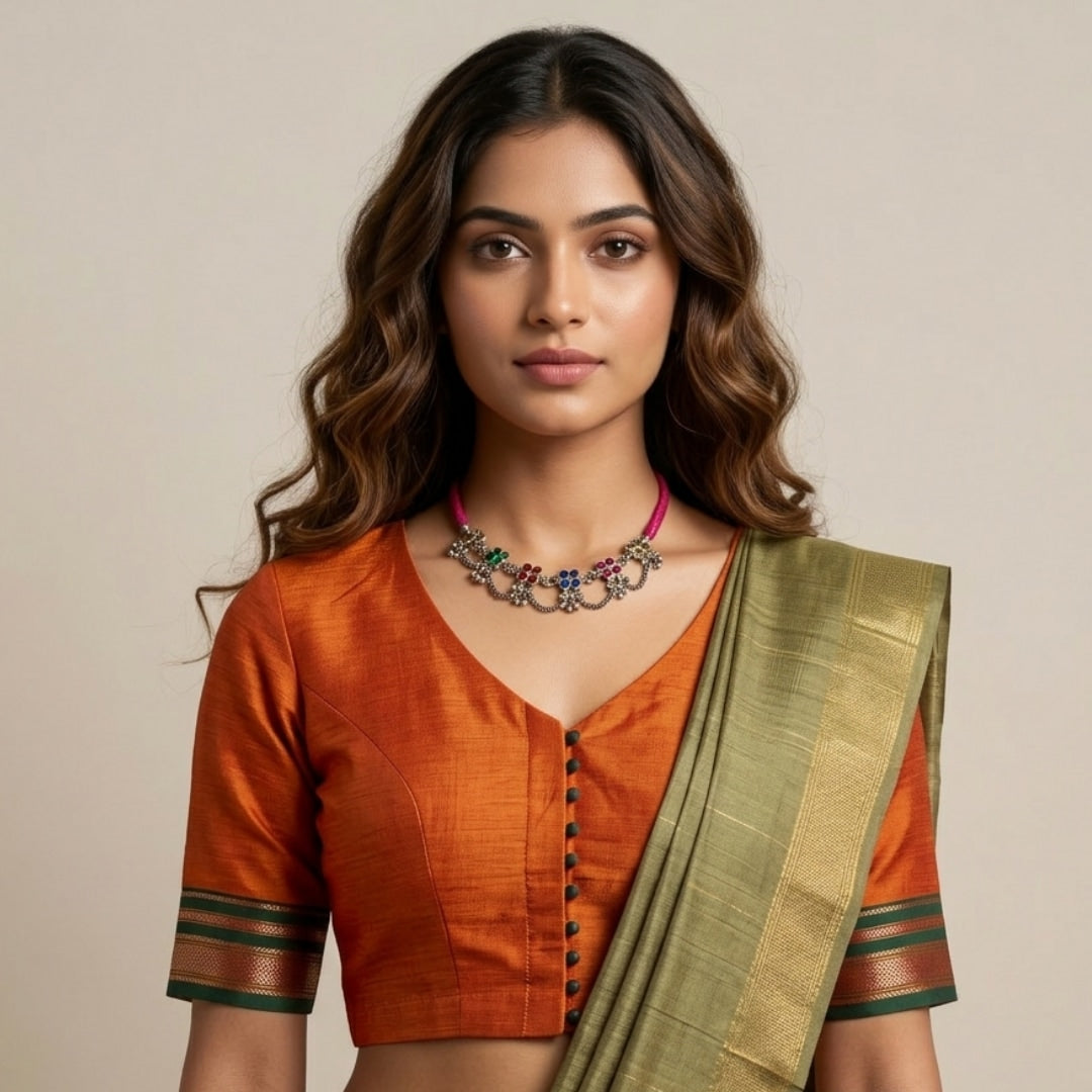Orange Narayanpet Border Readymade Blouse