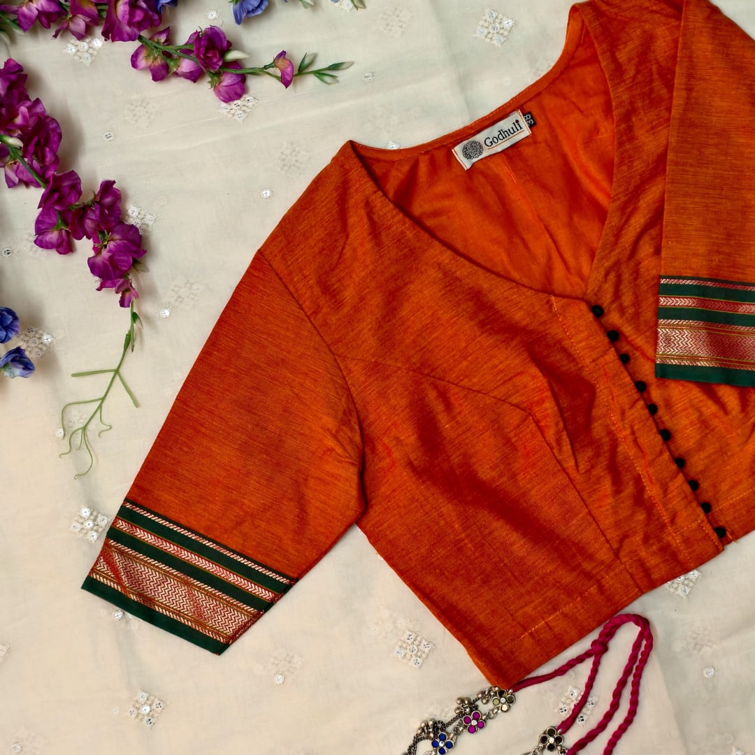Orange Narayanpet Border Readymade Blouse