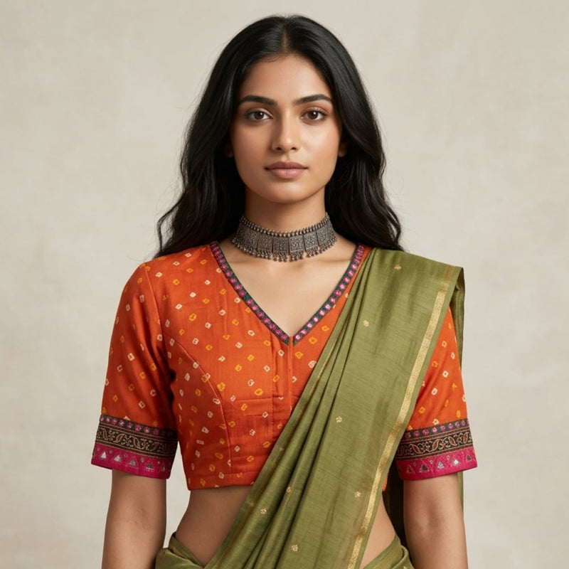 Orange Rani Bandhini Readymade Blouse with Mirror Work | Godhuli