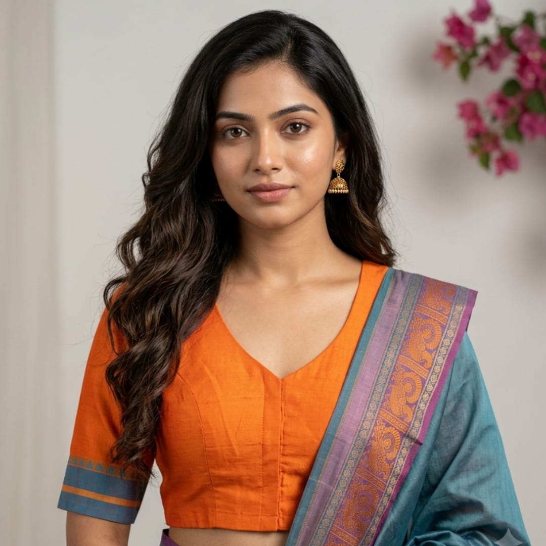 Orangle Blue Temple Border Sleeve Readymade Blouse | Godhuli