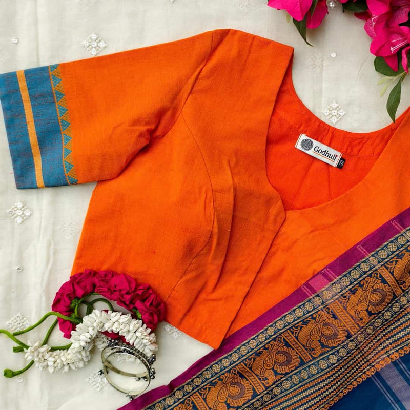 Orangle Blue Temple Border Sleeve Readymade Blouse | Godhuli