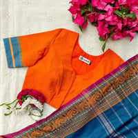 Orangle Blue Temple Border Sleeve Readymade Blouse | Godhuli