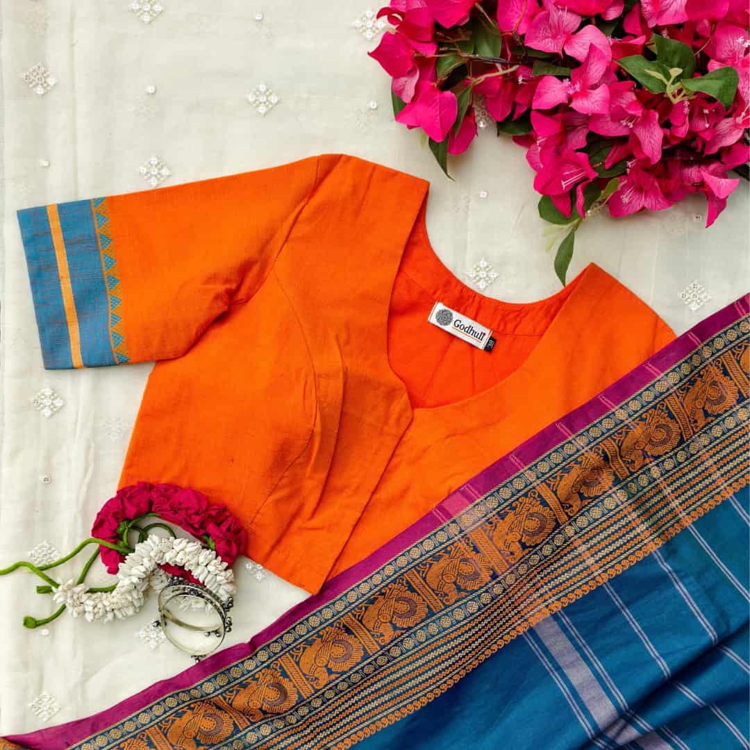 Orangle Blue Temple Border Sleeve Readymade Blouse | Godhuli