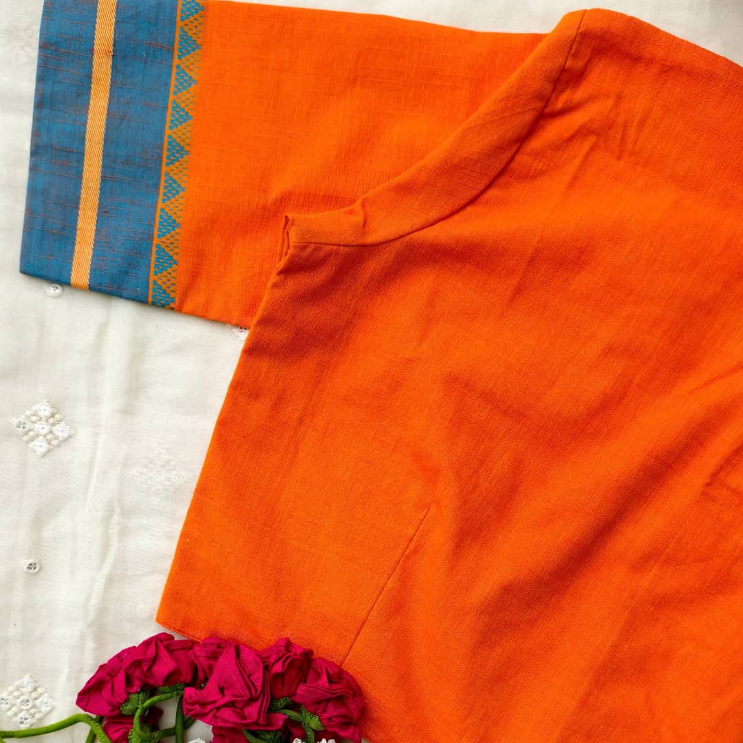 Orangle Blue Temple Border Sleeve Readymade Blouse | Godhuli