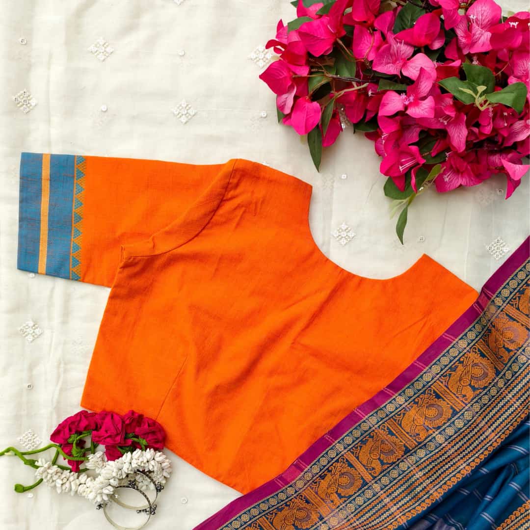Orangle Blue Temple Border Sleeve Readymade Blouse | Godhuli
