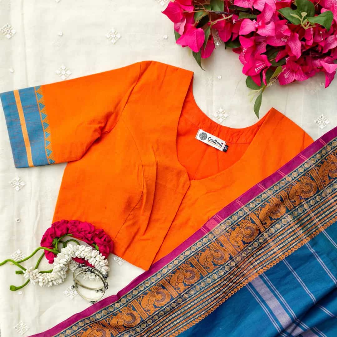 Orangle Blue Temple Border Sleeve Readymade Blouse | Godhuli