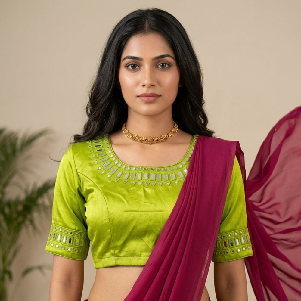 Parrot Green Gaji Silk Mirrorwork Readymade Blouse | Godhuli