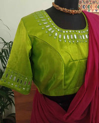 Parrot Green Gaji Silk Mirrorwork Readymade Blouse | Godhuli