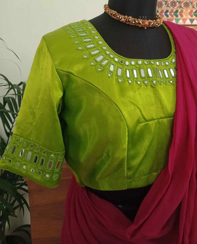 Parrot Green Gaji Silk Mirrorwork Readymade Blouse | Godhuli