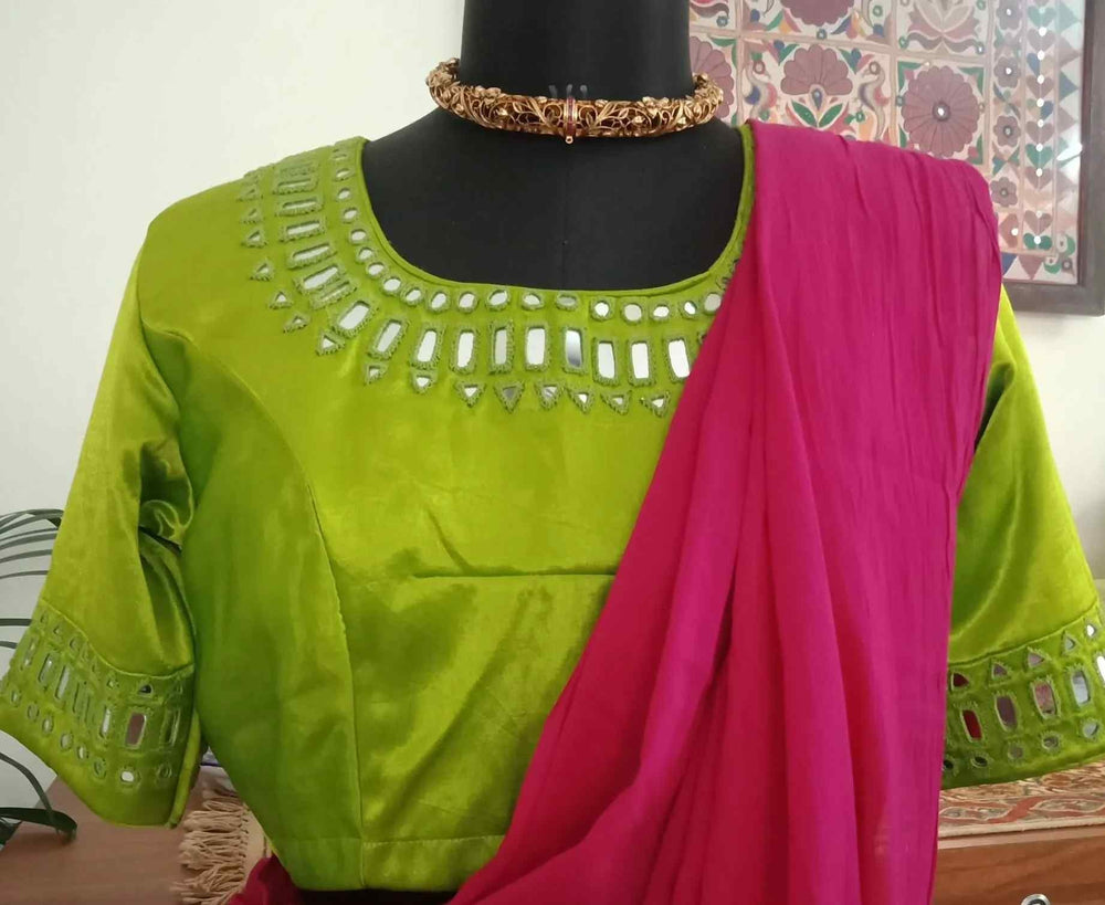 Parrot Green Gaji Silk Mirrorwork Readymade Blouse | Godhuli