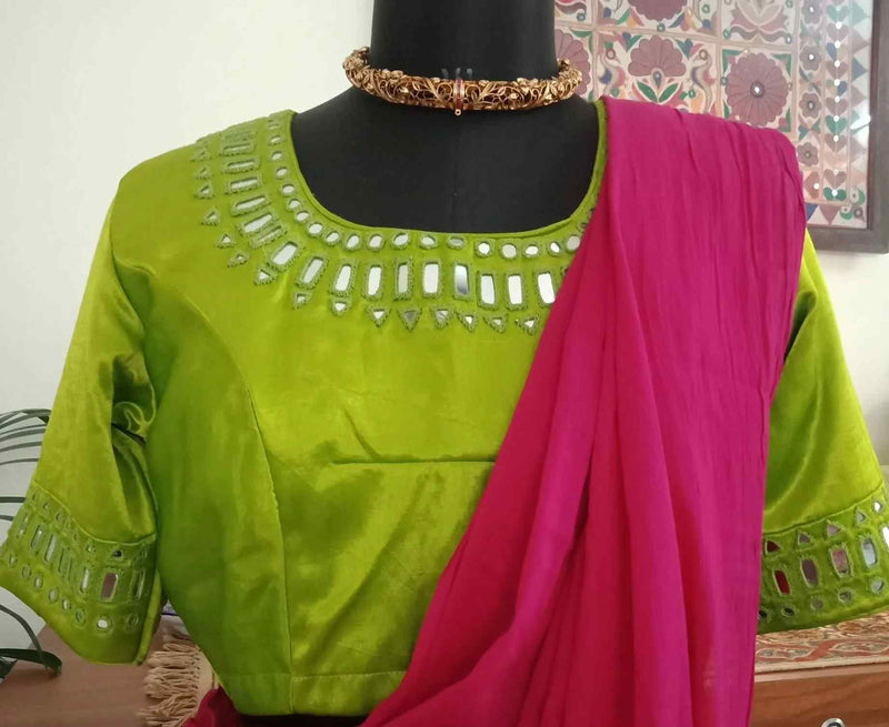 Parrot Green Gaji Silk Mirrorwork Readymade Blouse | Godhuli