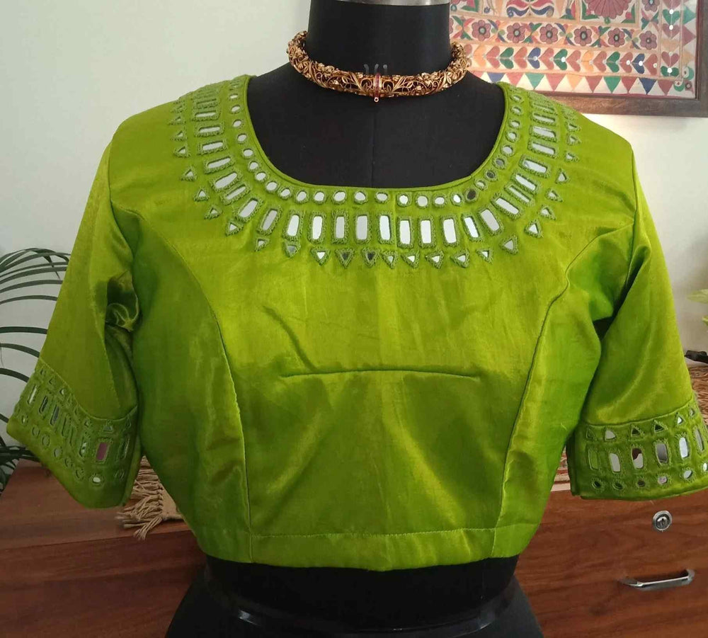 Parrot Green Gaji Silk Mirrorwork Readymade Blouse | Godhuli