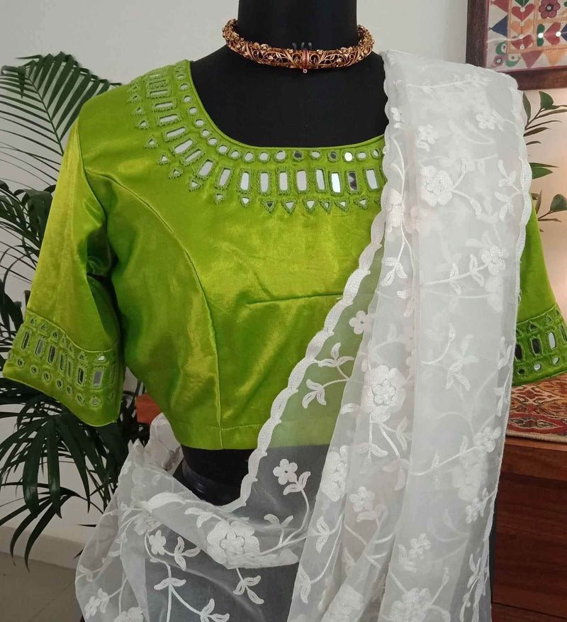 Parrot Green Gaji Silk Mirrorwork Readymade Blouse | Godhuli
