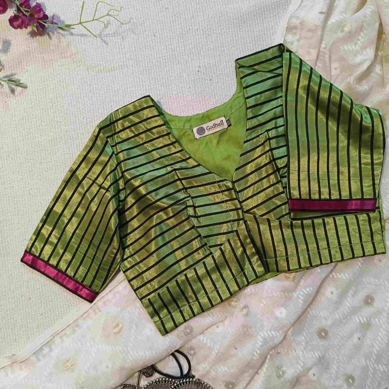 Parrot Green Gaji Silk Stripes Readymade Blouse | Godhuli