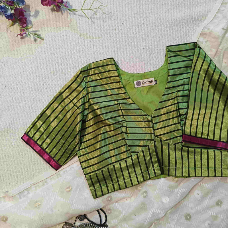 Parrot Green Gaji Silk Stripes Readymade Blouse | Godhuli