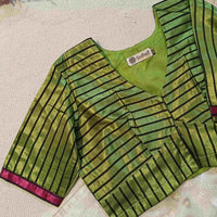 Parrot Green Gaji Silk Stripes Readymade Blouse | Godhuli