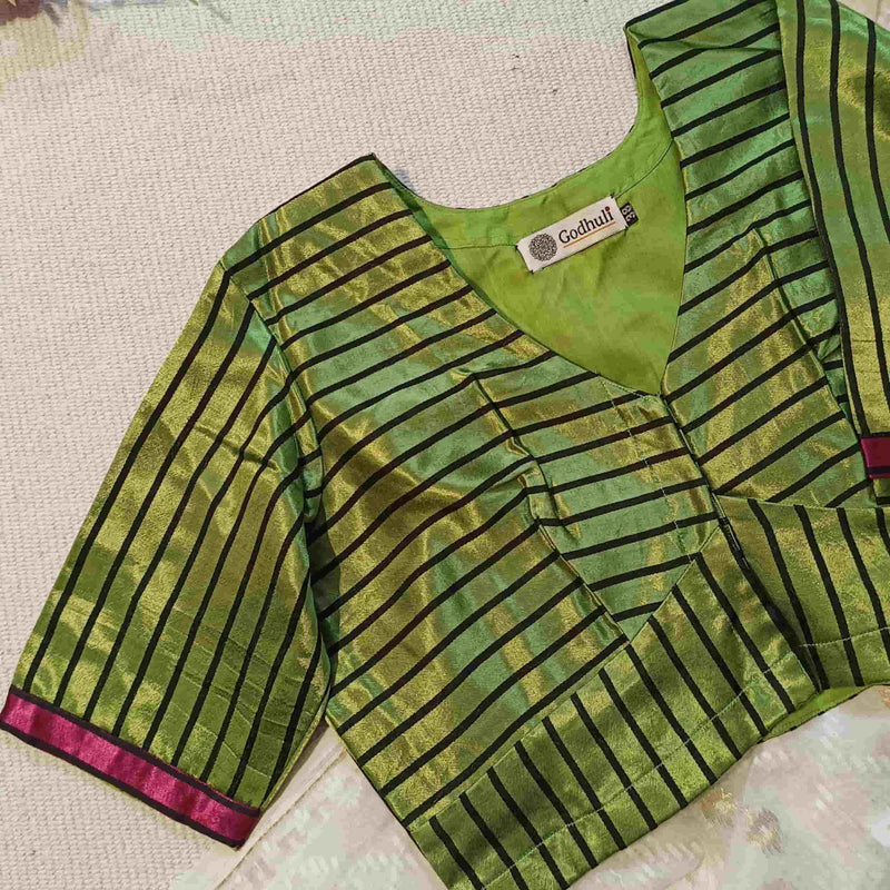 Parrot Green Gaji Silk Stripes Readymade Blouse | Godhuli