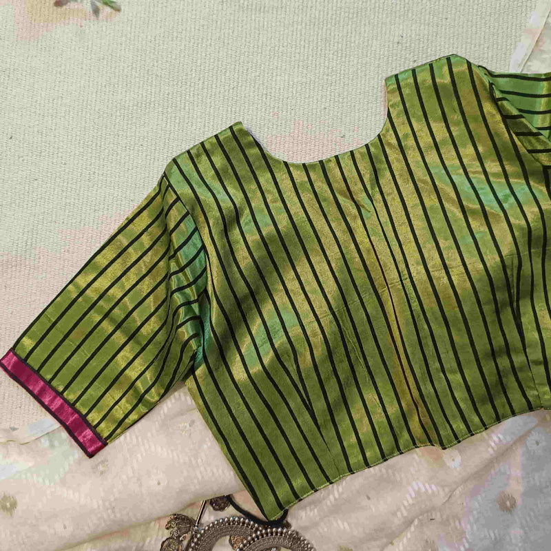 Parrot Green Gaji Silk Stripes Readymade Blouse | Godhuli