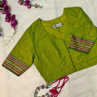 Parrot Green Narayanpet Border Readymade Blouse | Godhuli