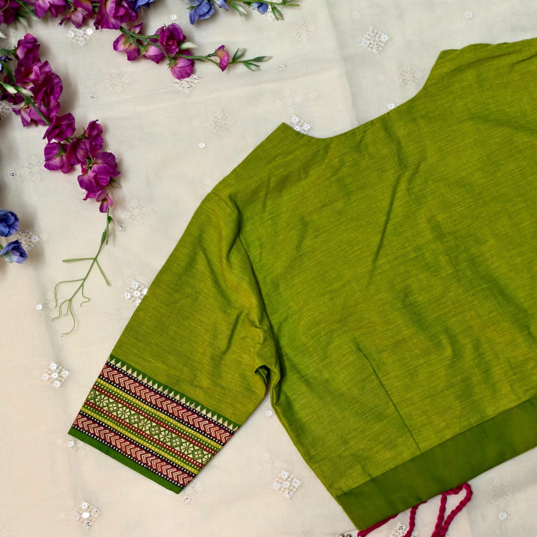 Parrot Green Narayanpet Border Readymade Blouse