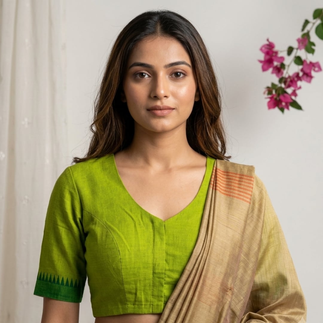 Parrot Green Temple border Sleeve Readymade Blouse | Godhuli