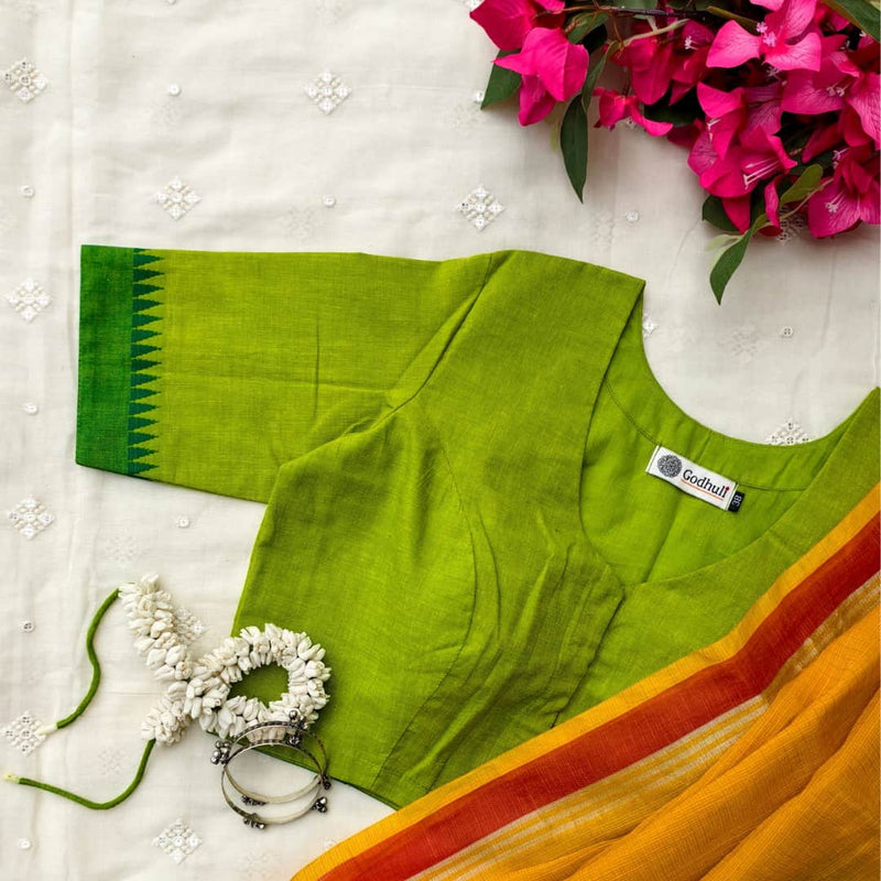 Parrot Green Temple Border Sleeve Readymade Blouse | Godhuli