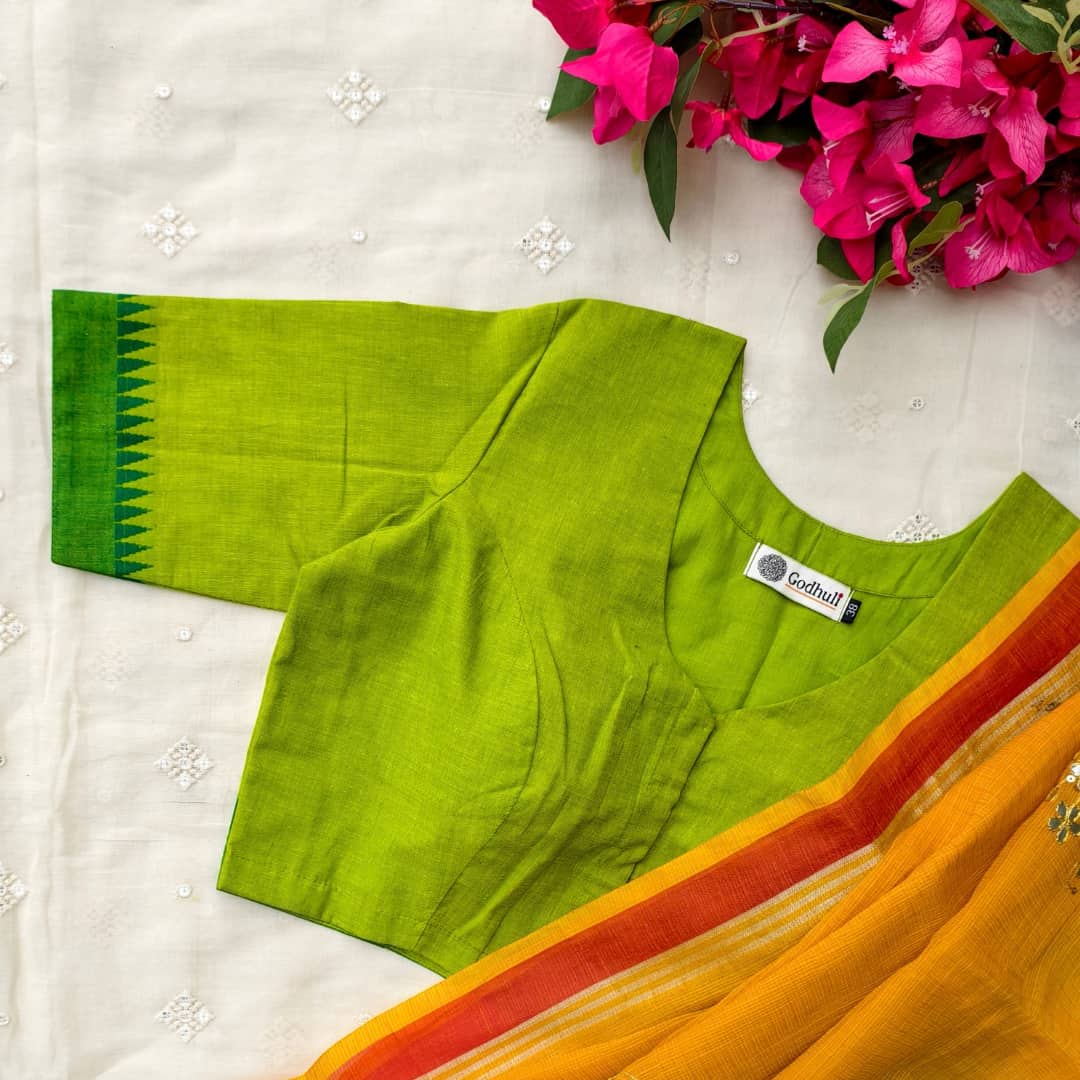 Parrot Green Temple border Sleeve Readymade Blouse | Godhuli
