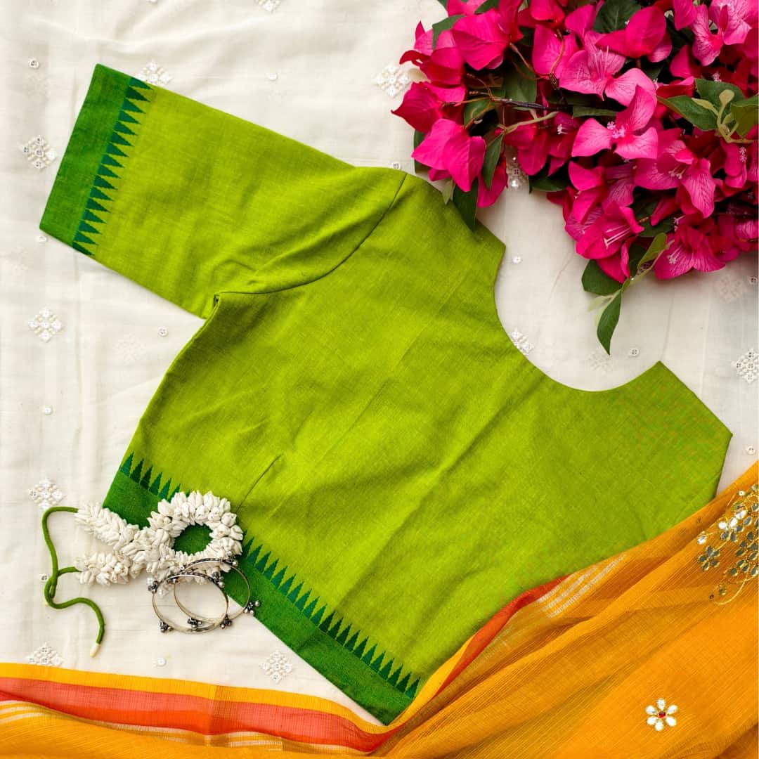Parrot Green Temple border Sleeve Readymade Blouse | Godhuli