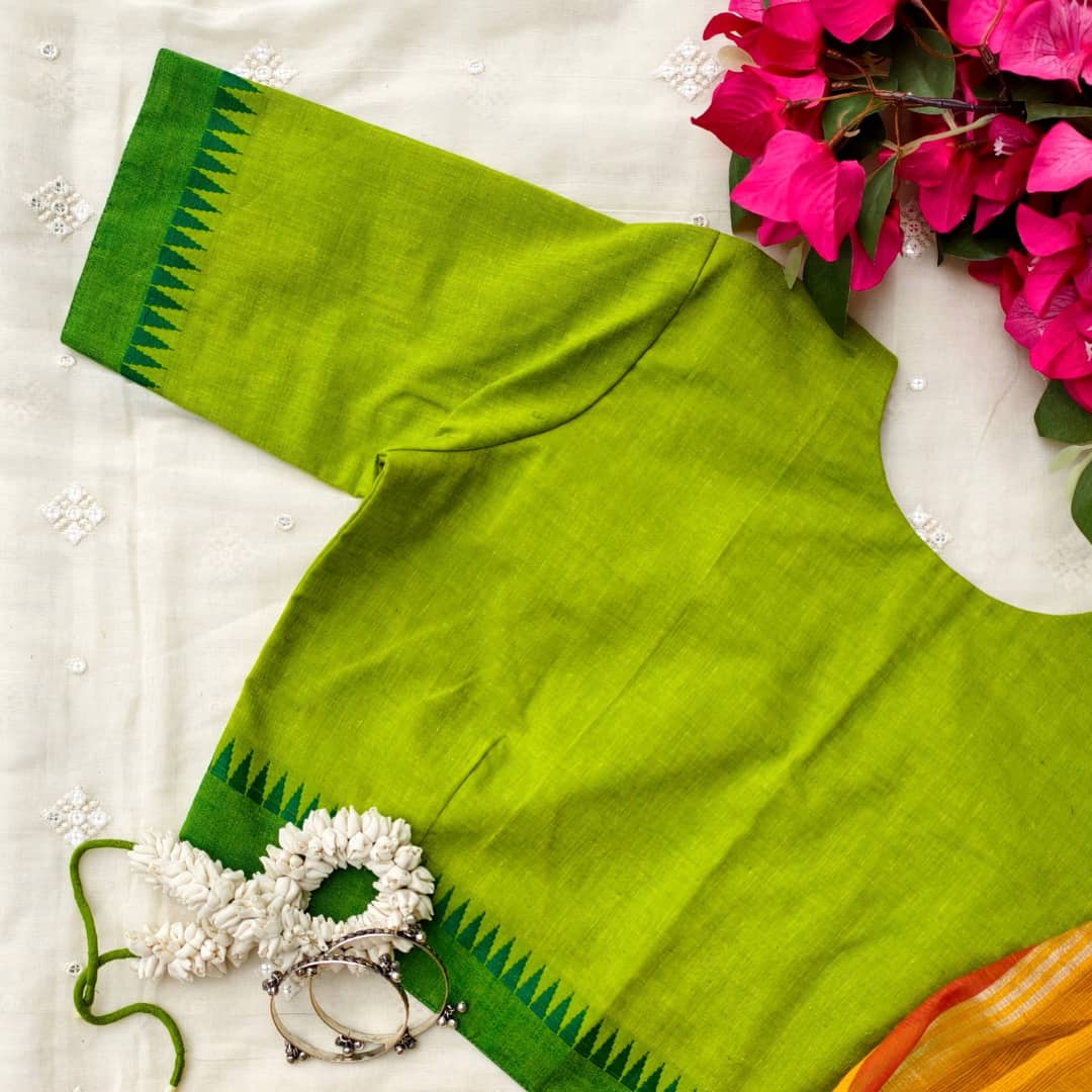 Parrot Green Temple border Sleeve Readymade Blouse | Godhuli