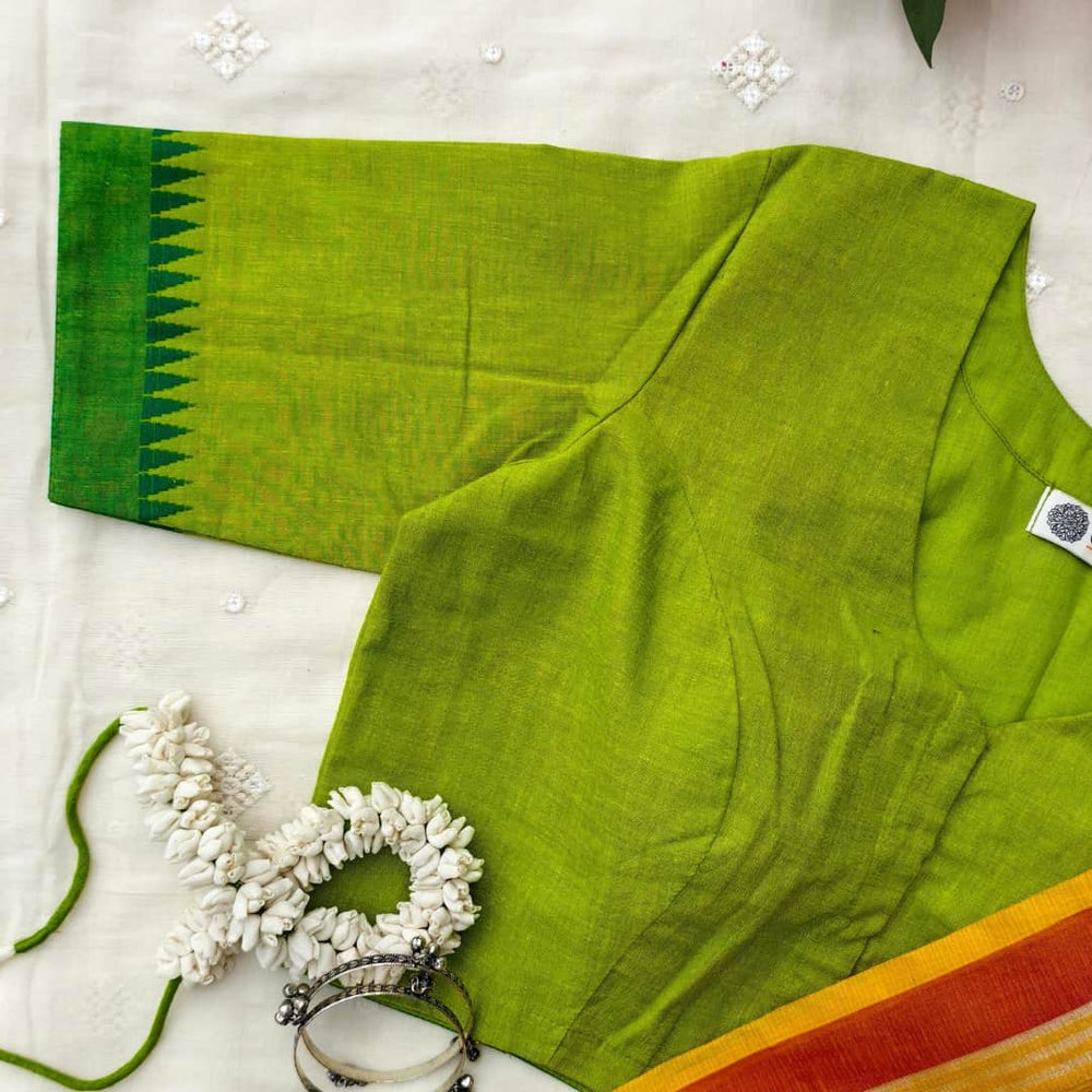 Parrot Green Temple Border Sleeve Readymade Blouse | Godhuli