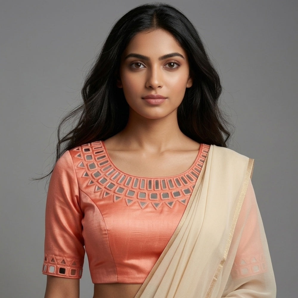 Peach Colour Gaji Silk Mirror work Readymade Blouse | Godhuli