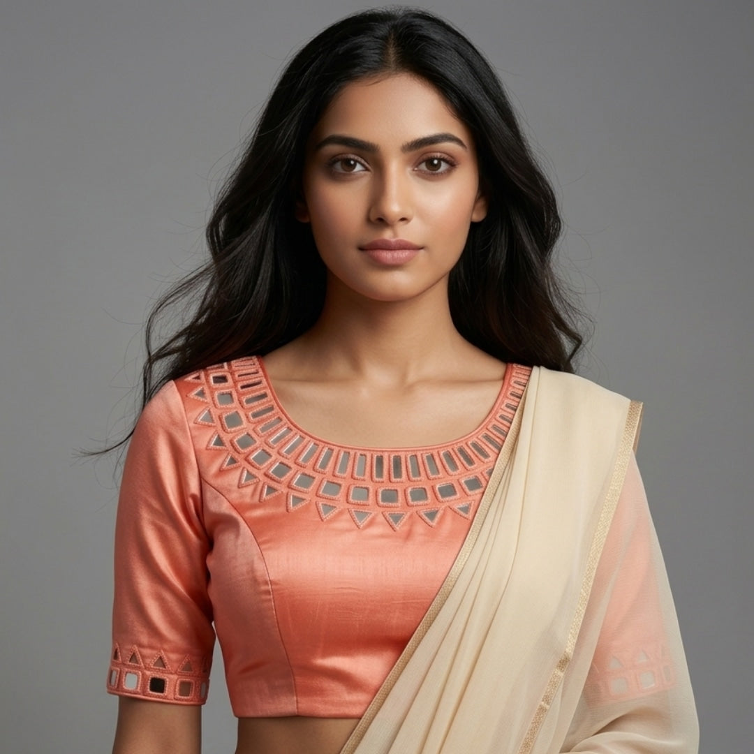 Peach Colour Gaji Silk Mirror work Readymade Blouse