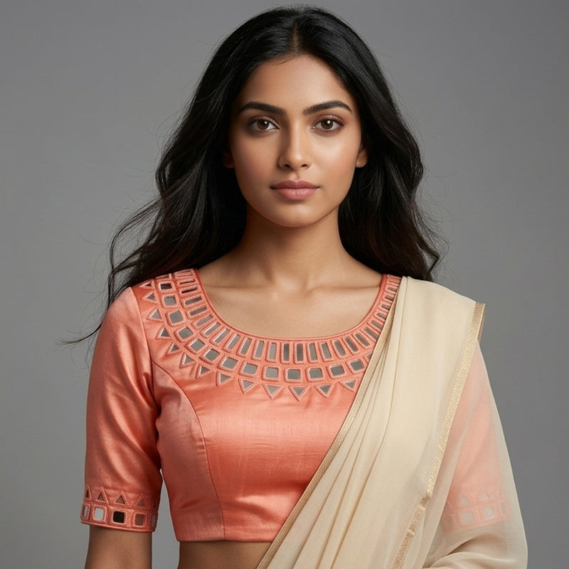 Peach Colour Gaji Silk Mirror work Readymade Blouse | Godhuli