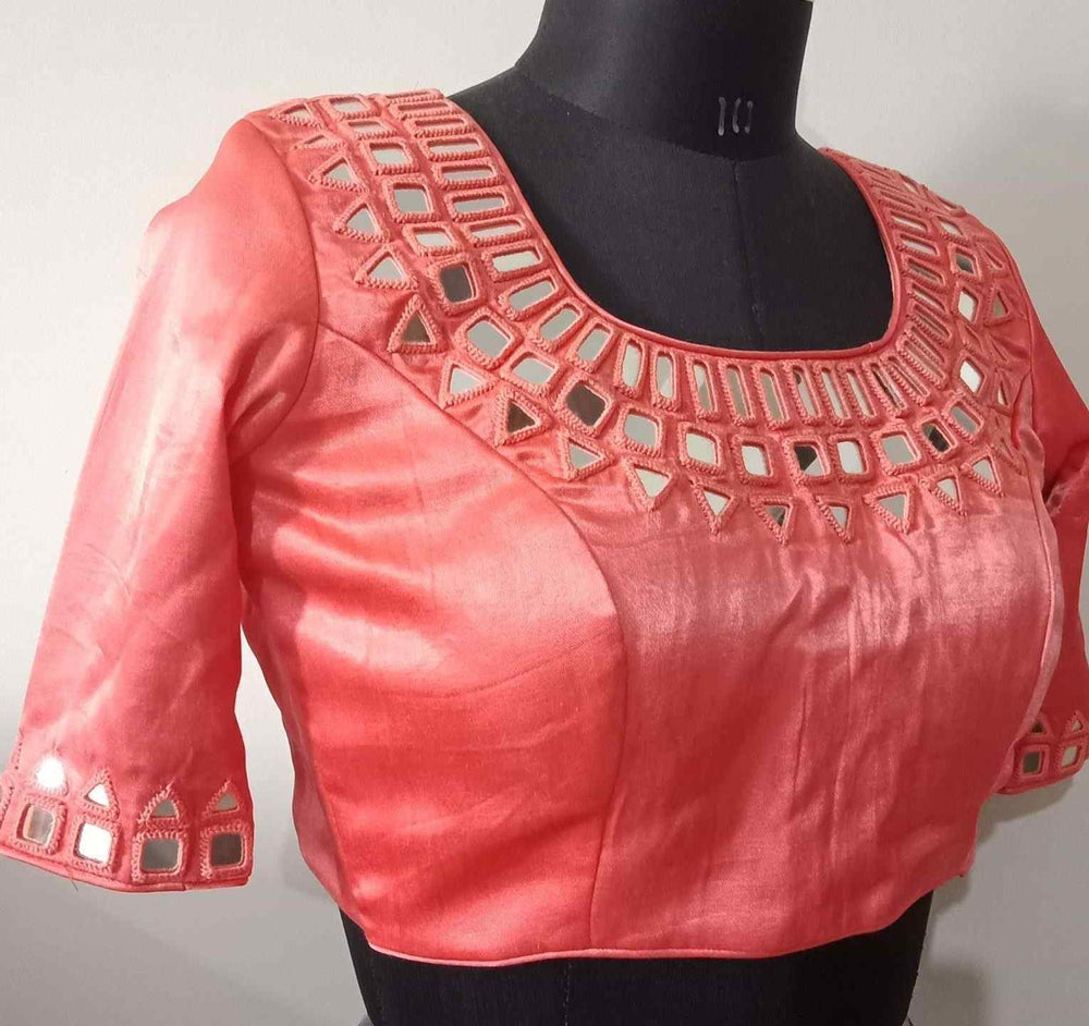 Peach Colour Gaji Silk Mirror work Readymade Blouse | Godhuli