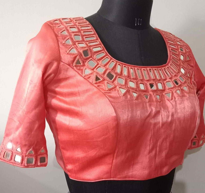 Peach Colour Gaji Silk Mirror work Readymade Blouse | Godhuli