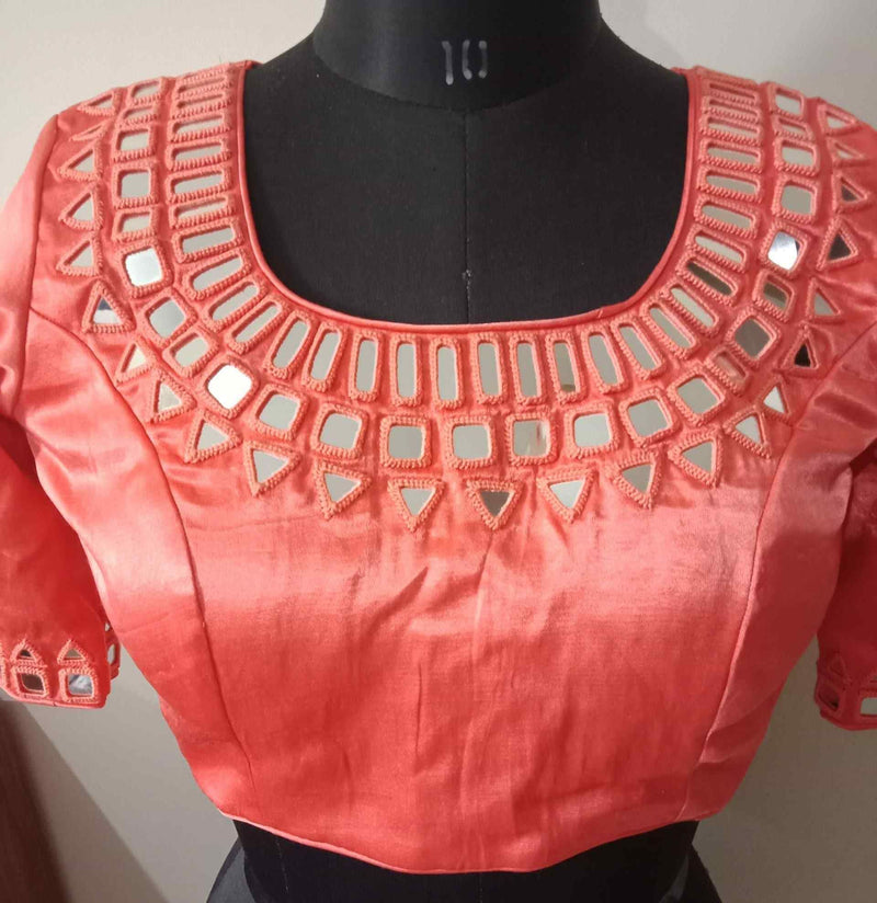 Peach Colour Gaji Silk Mirror work Readymade Blouse | Godhuli