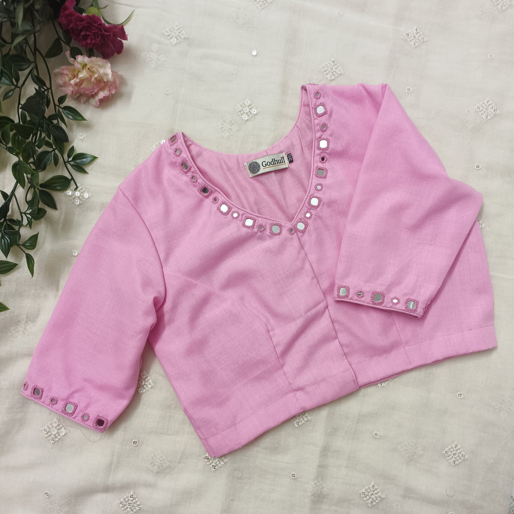 Pink Cotton Readymade Blouse with Mirror Work | Godhuli