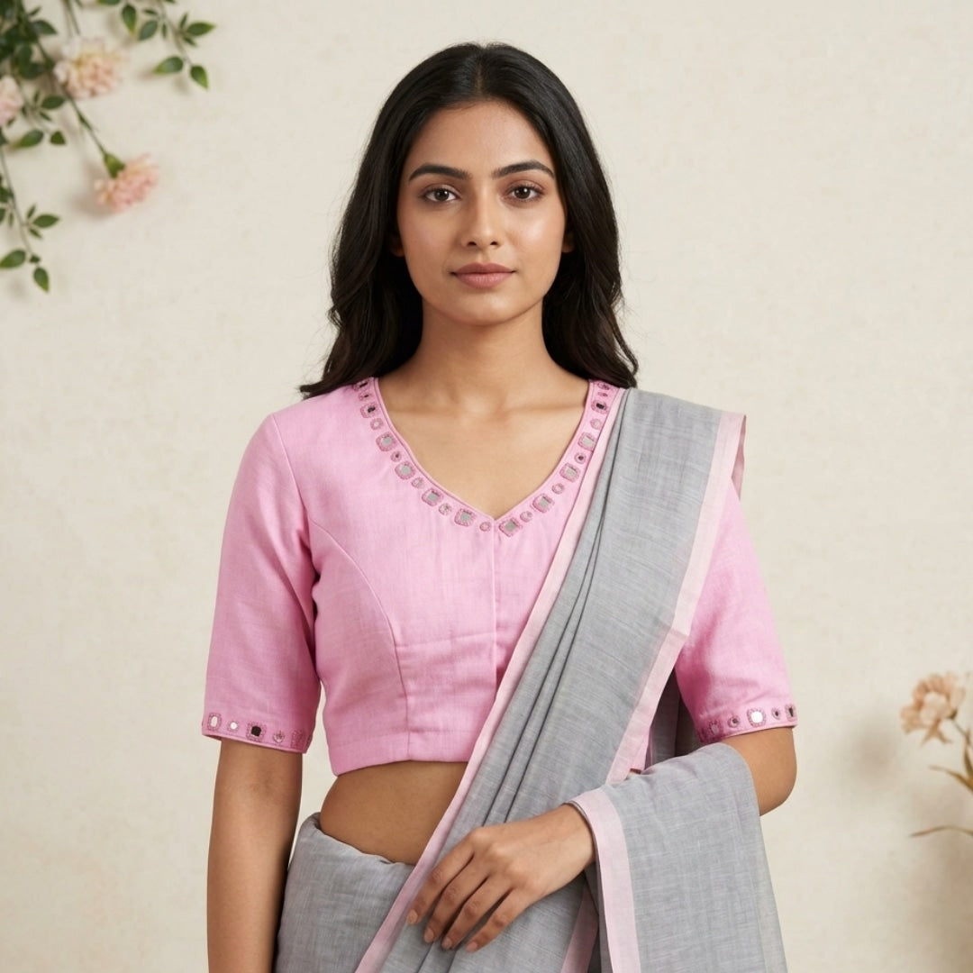 Pink Cotton Readymade Blouse with Mirror Work