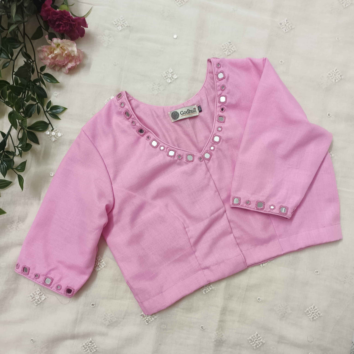 Pink Cotton Readymade Blouse with Mirror Work