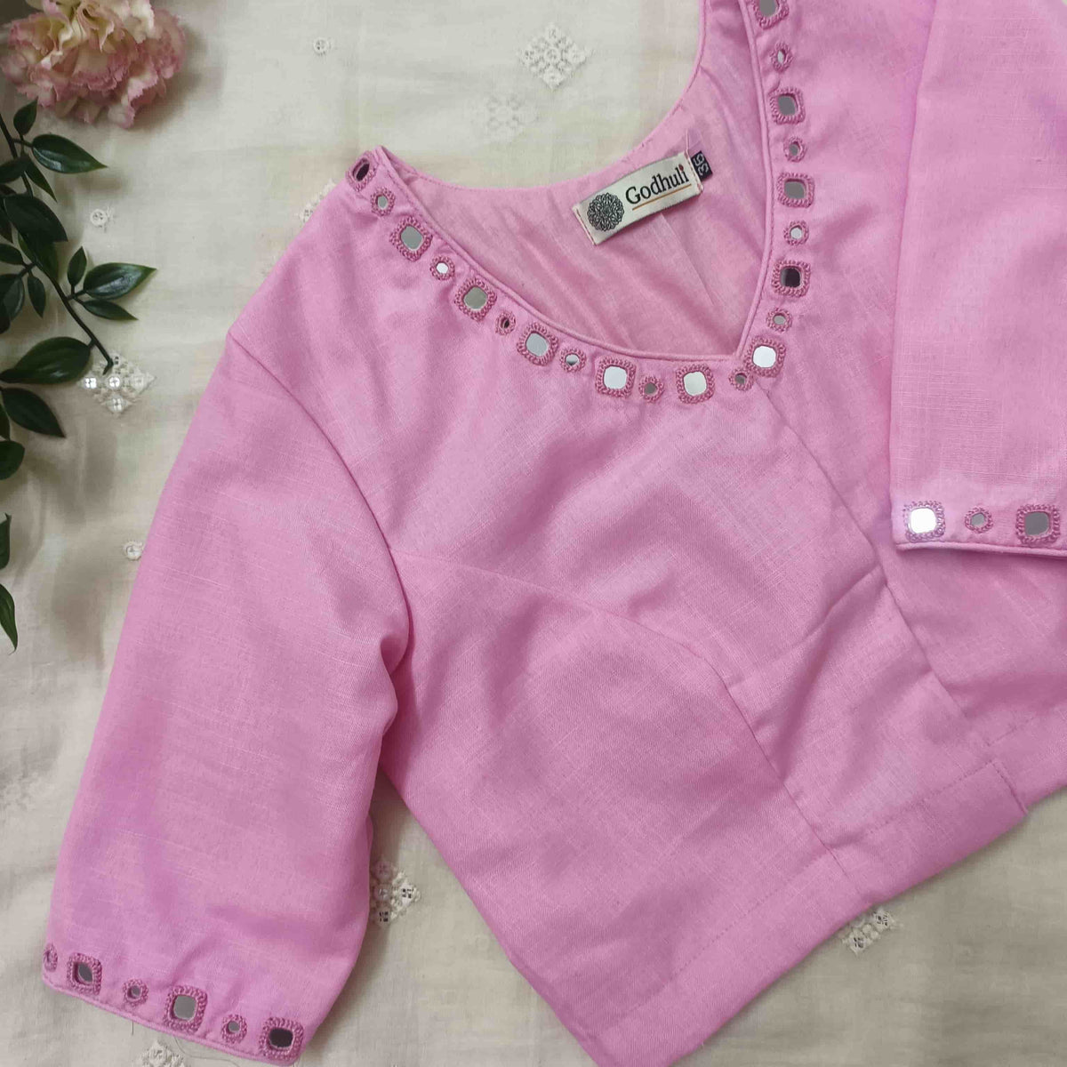 Pink Cotton Readymade Blouse with Mirror Work