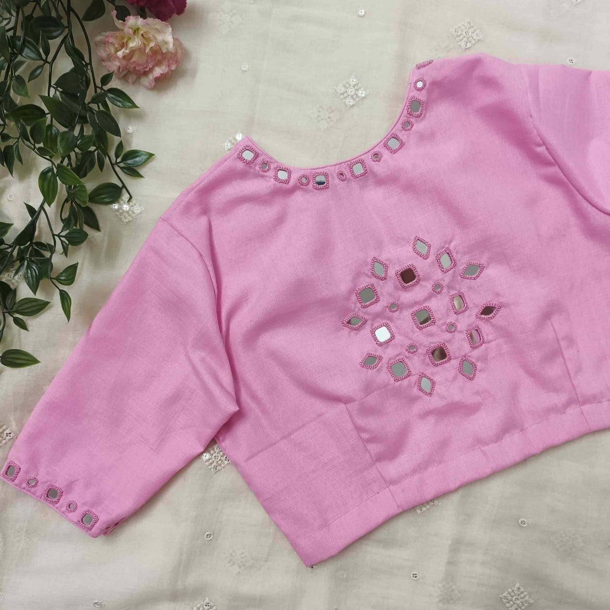 Pink Cotton Readymade Blouse with Mirror Work